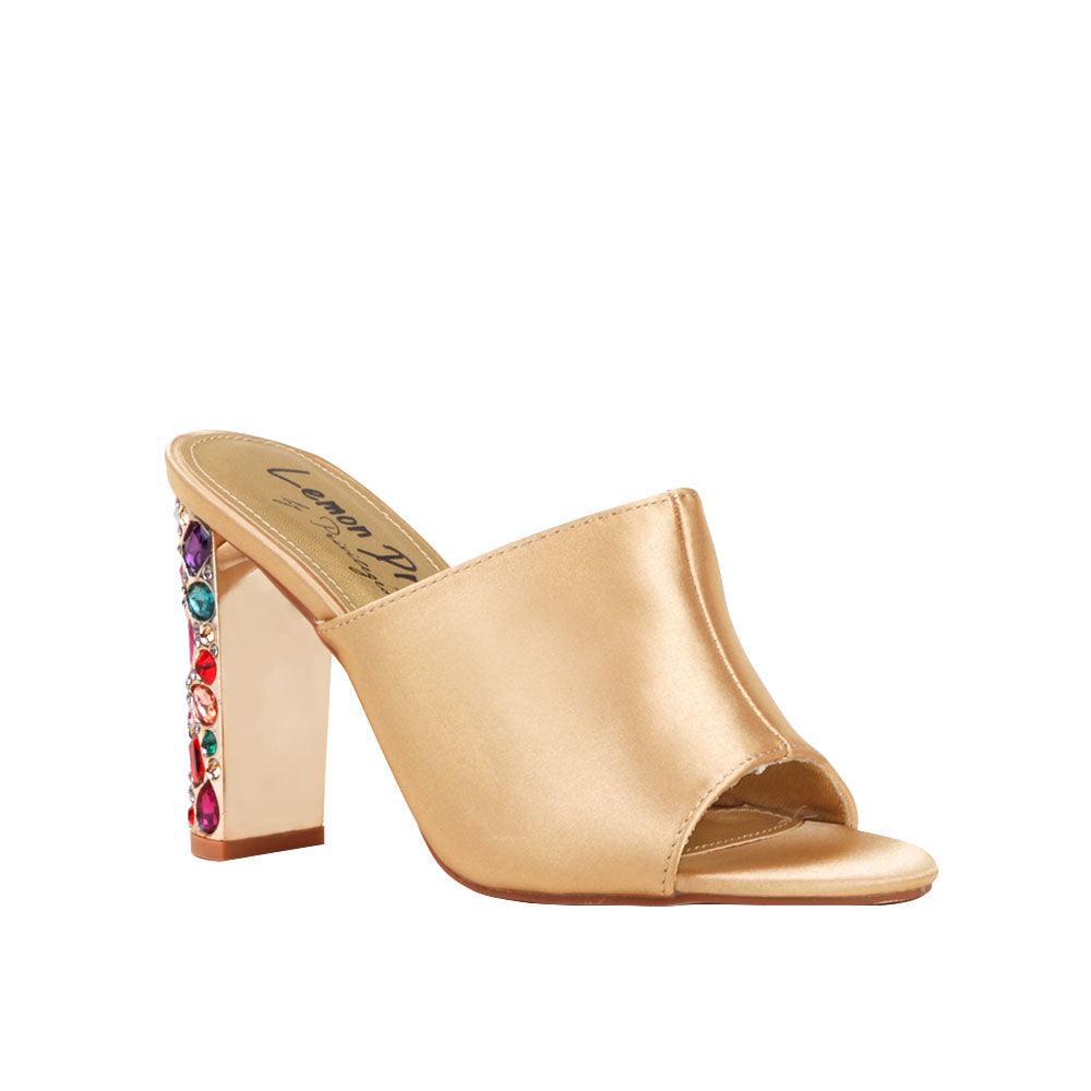 Golden women heels with multi-colored crystal embellished heel-corner view