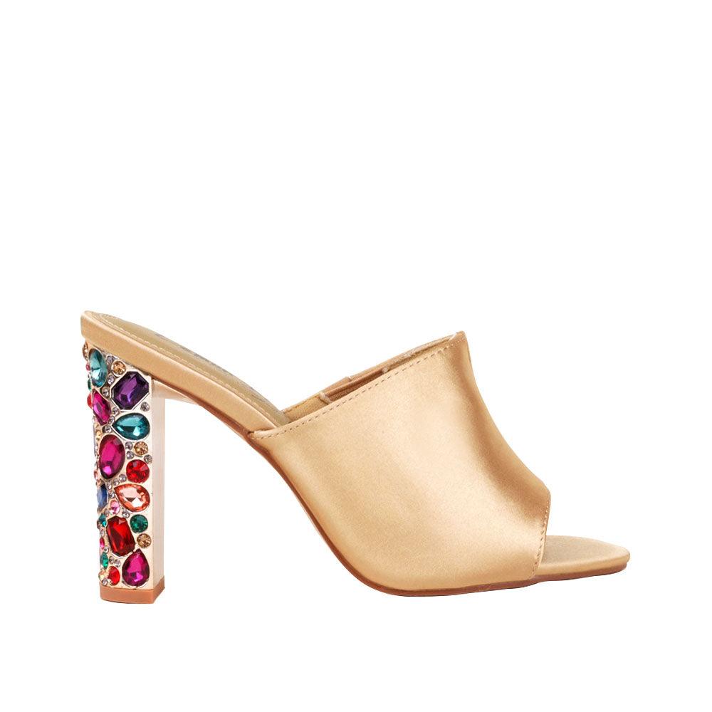 Golden women heels with multi-colored crystal embellished heel-side view