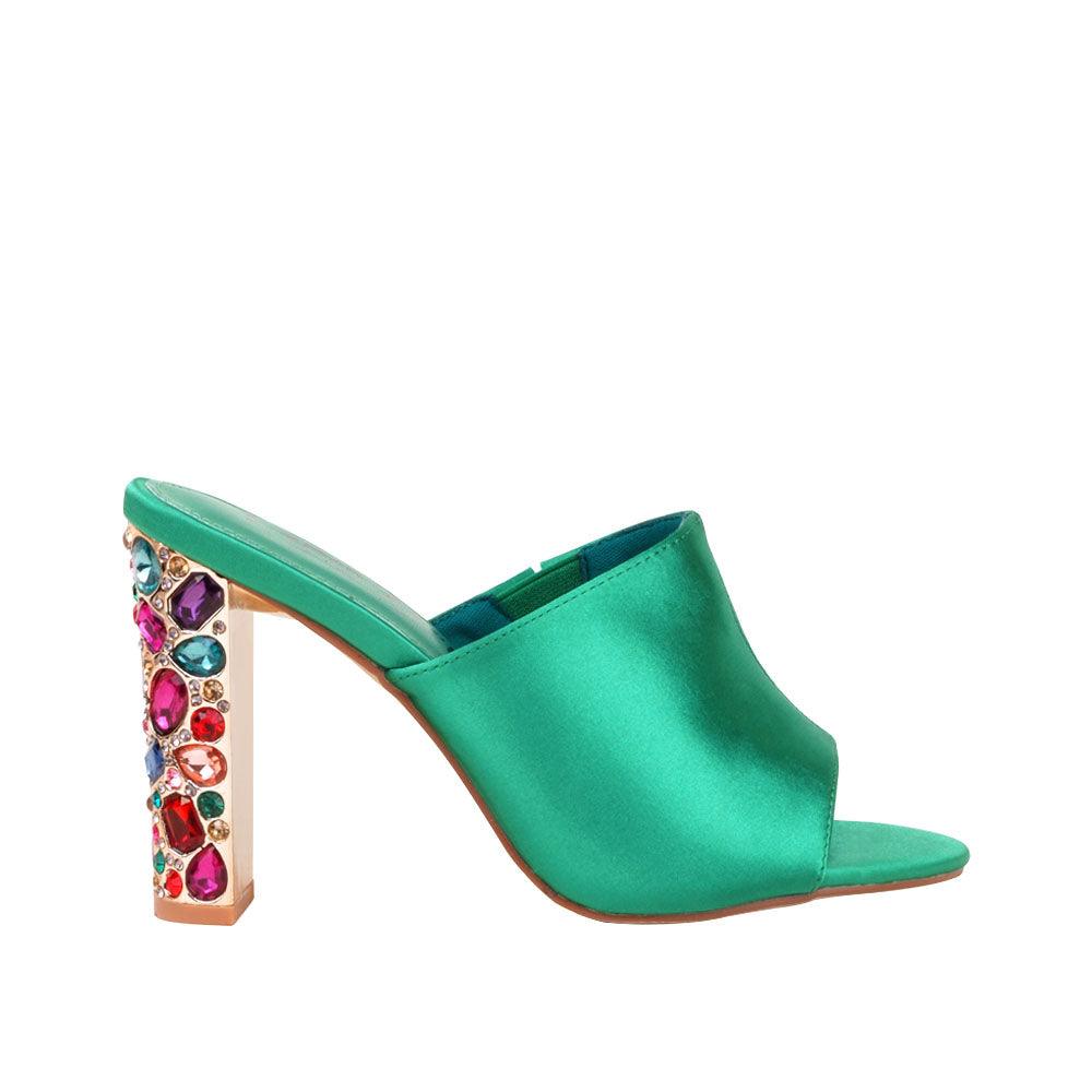 Green women heels with multi-colored crystal embellished heel-side view