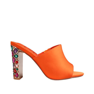 Orange women heels with multi-colored crystal embellished heel-side view