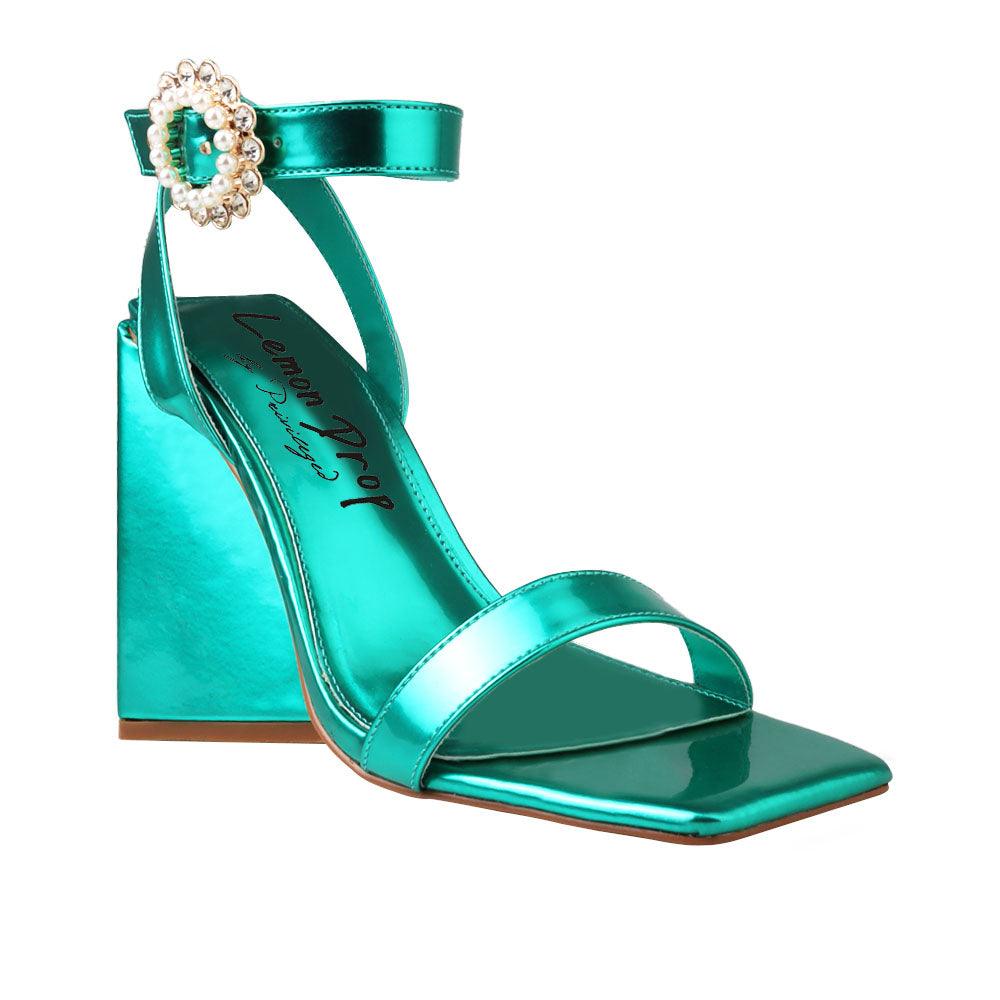 Green women heels with ankle buckle-corner view