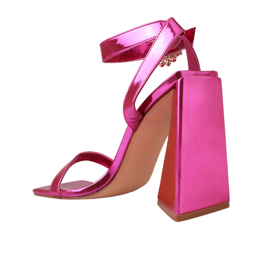 Shocking pink women heels with ankle buckle-posterior view