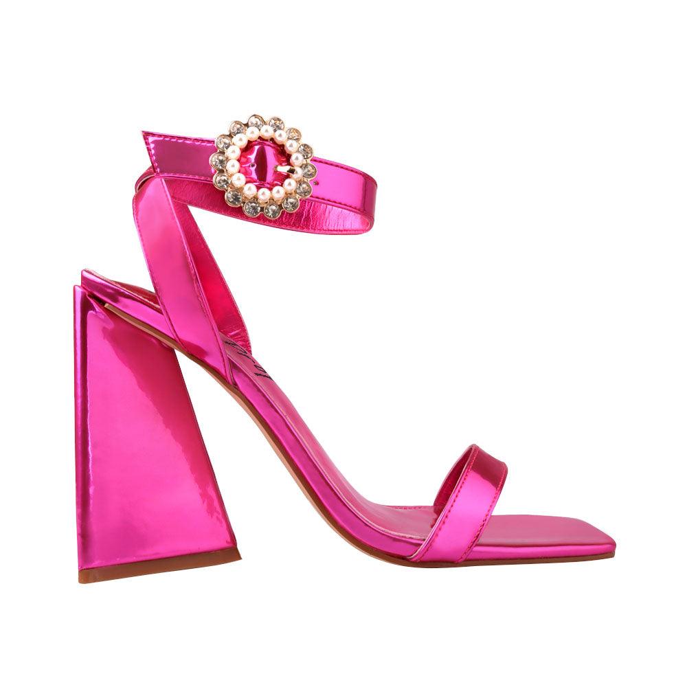 Shocking pink women heels with ankle buckle-side view