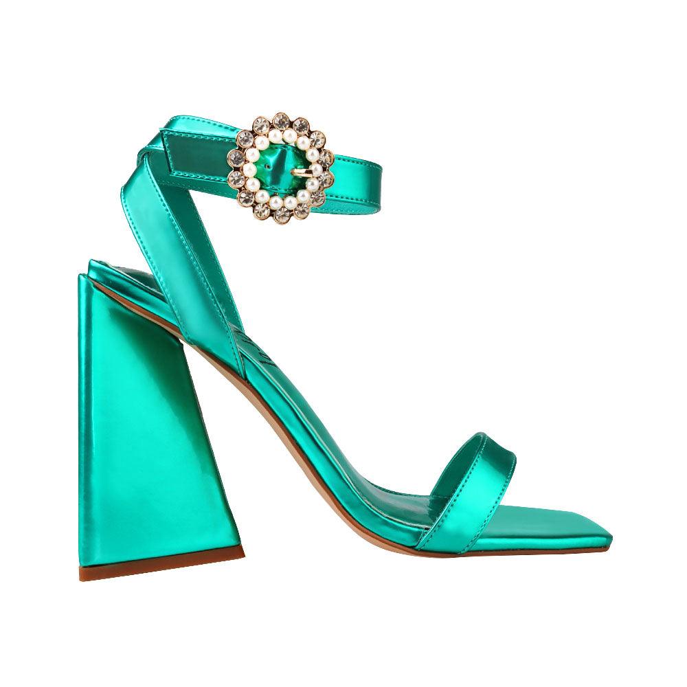 Green women heels with ankle buckle-side view