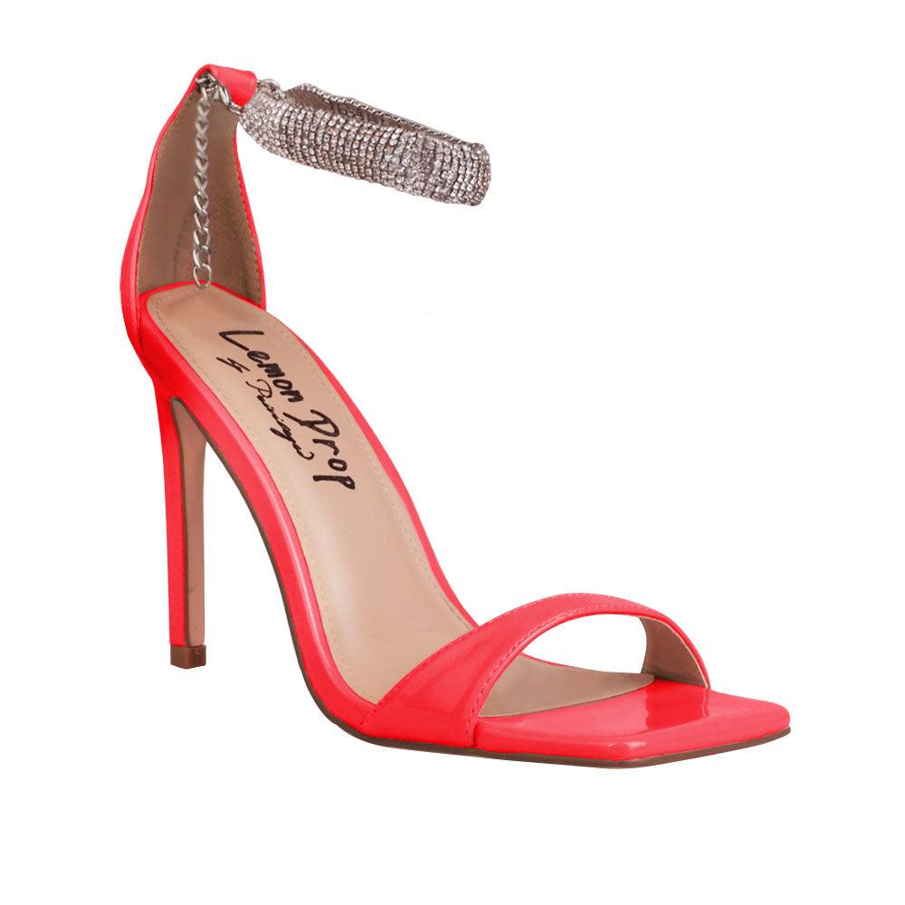 Coral women heels with silver ankle buckle-corner view