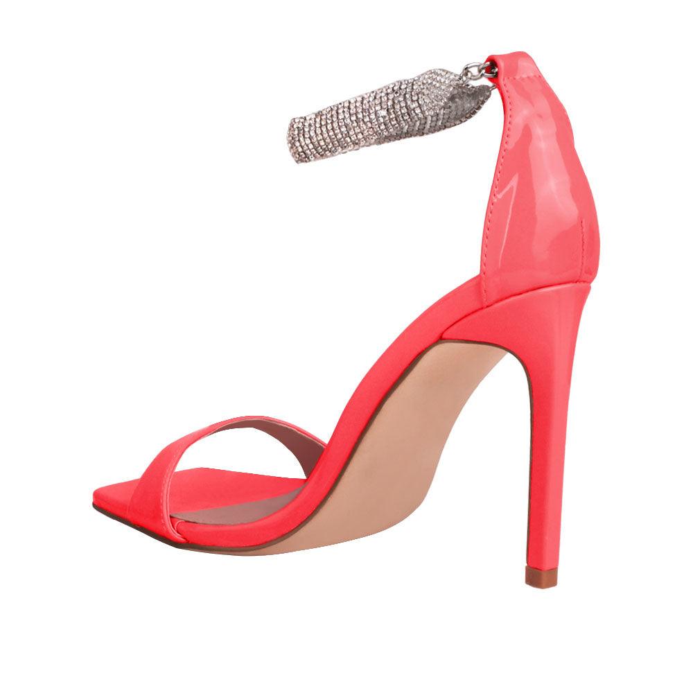 Coral women heels with silver ankle buckle-posterior view