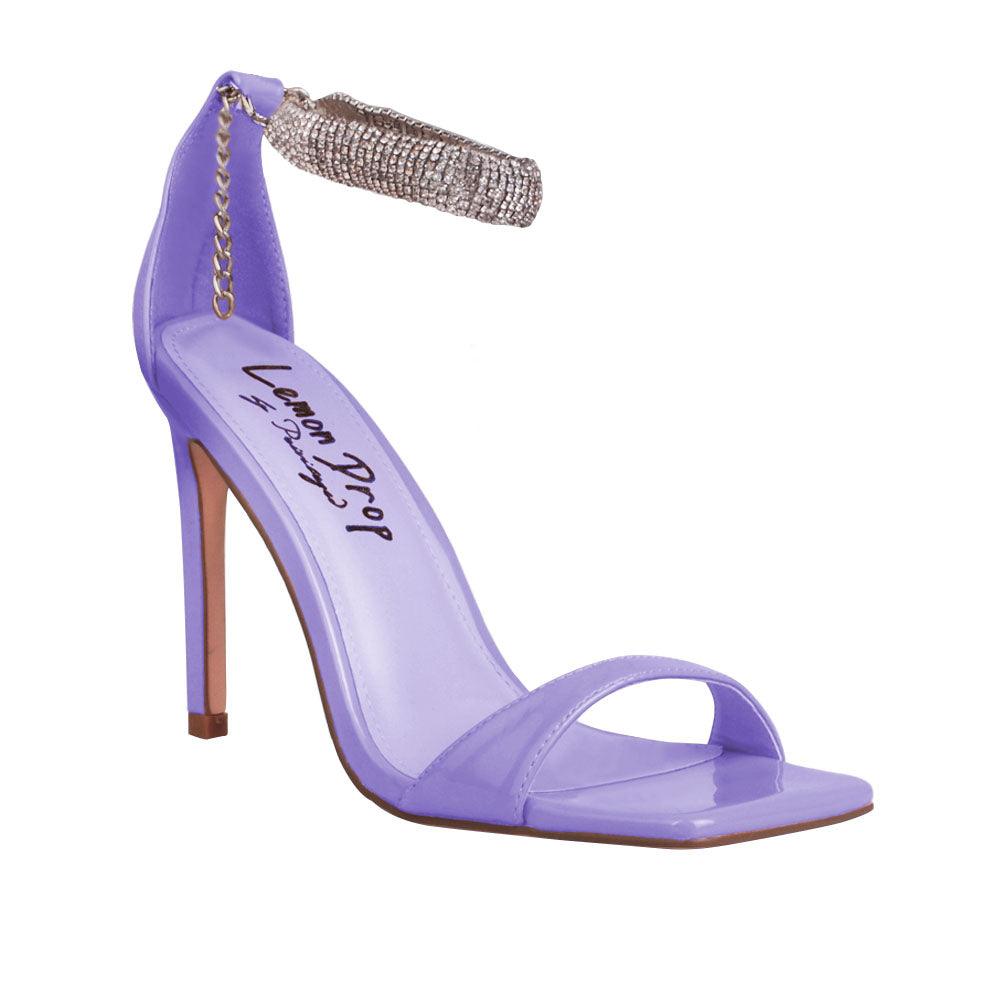 Purple women heels with silver ankle buckle-corner view