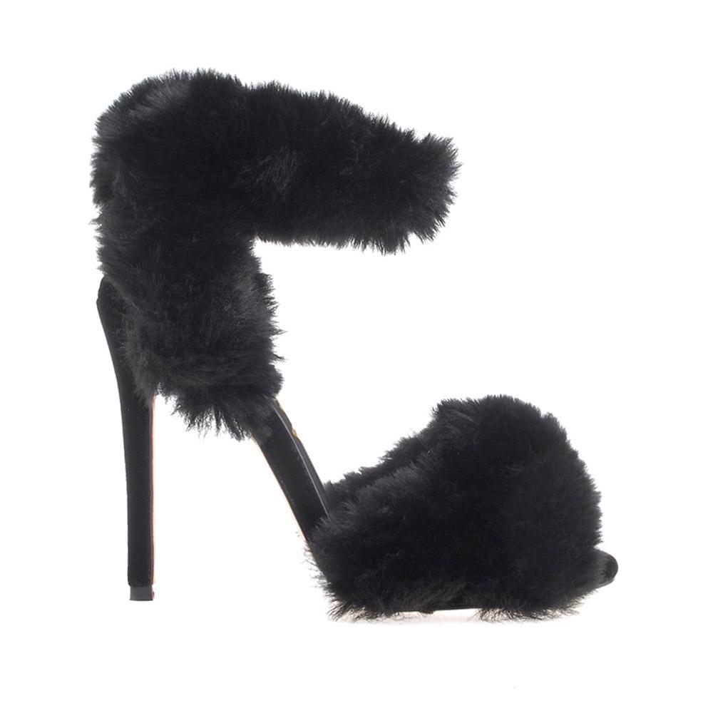 Black colored women heels with fluffy upper-side view