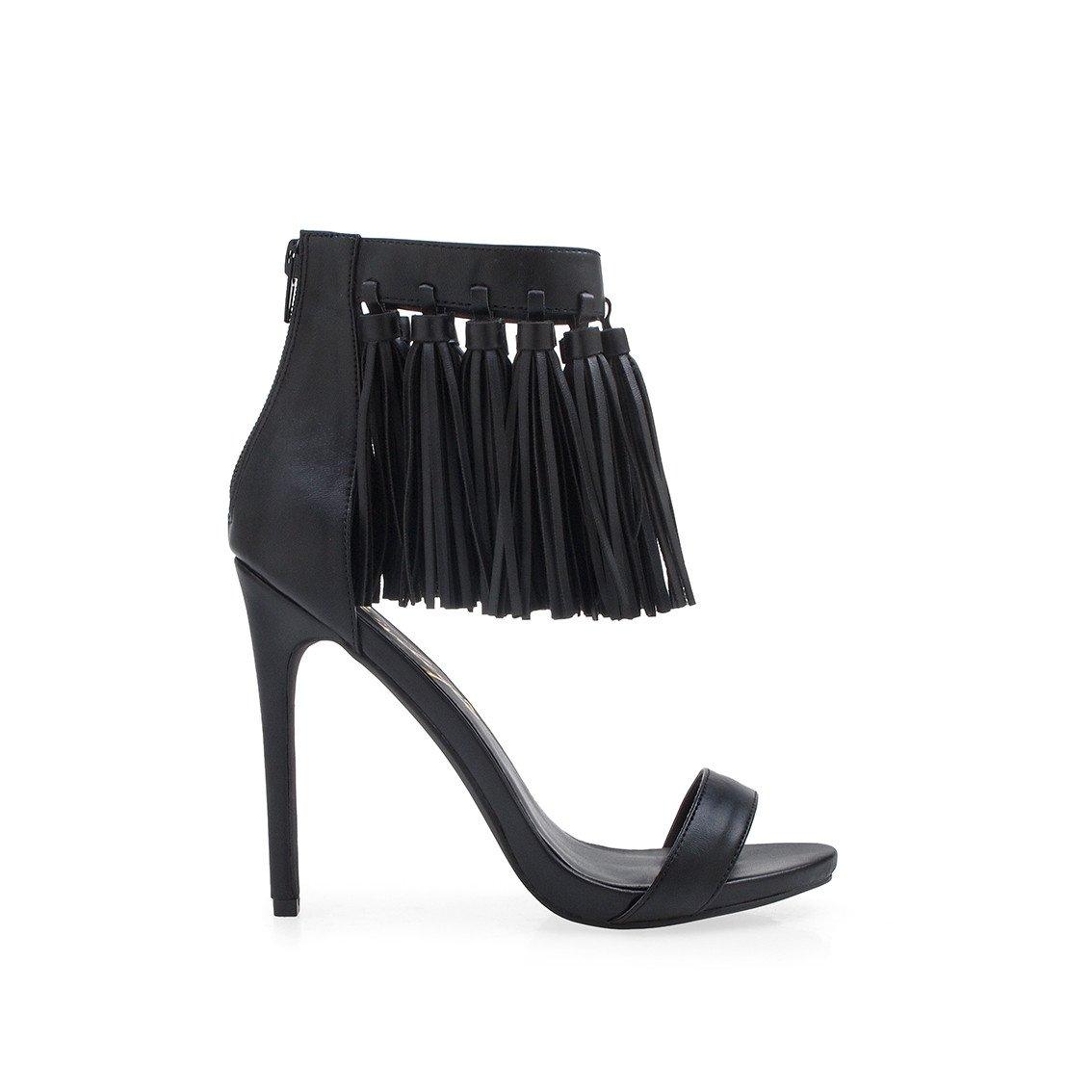 Black colored women heels with frills on top