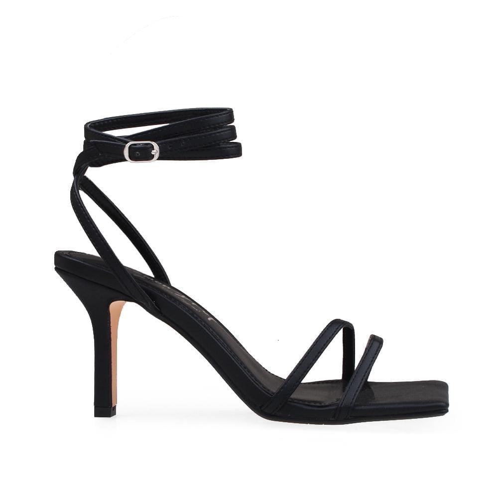 Black colored women heels with block toe and ankle straps