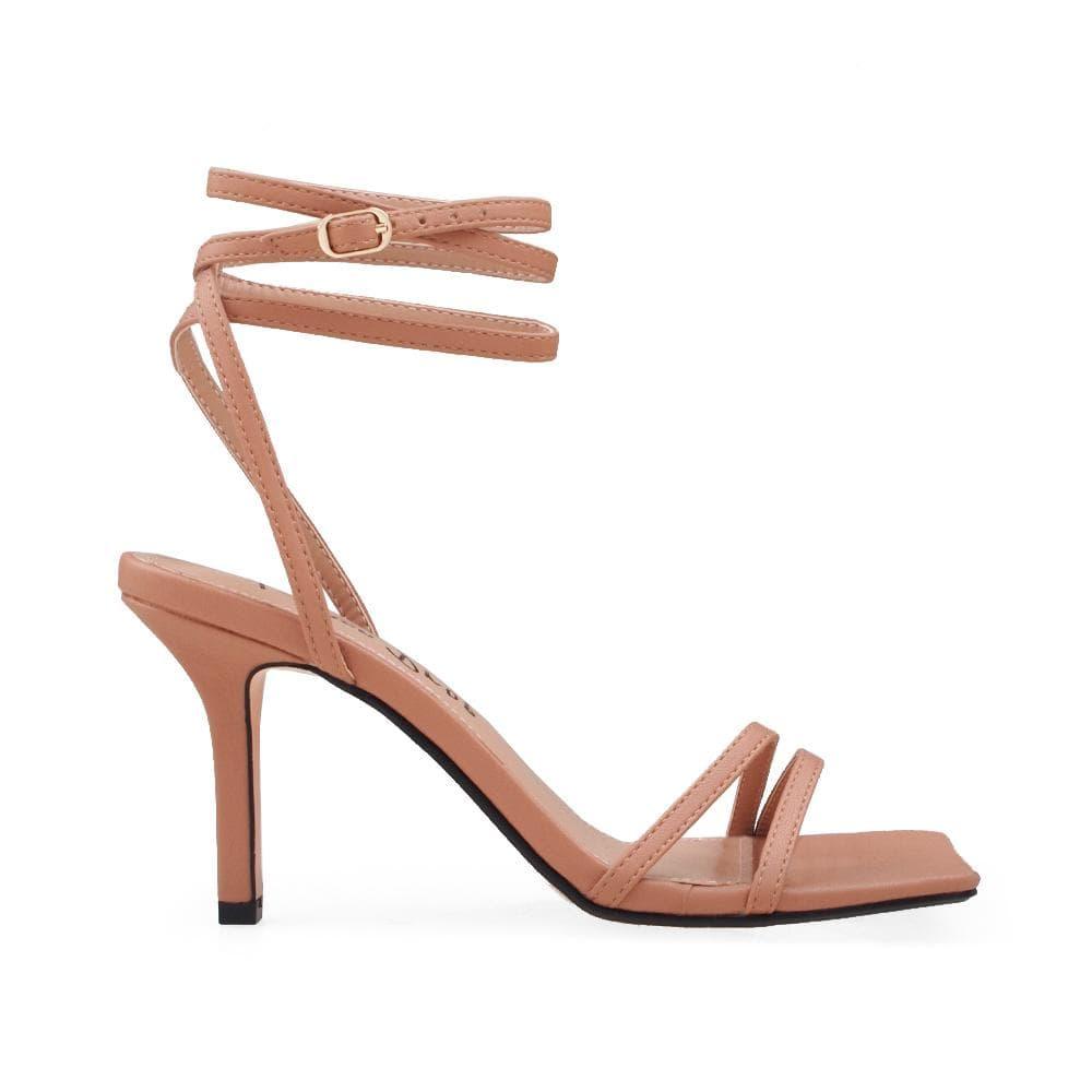 Skin colored women heels with block toe and ankle straps