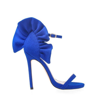 Royal blue women heels with fabric upper and ankle buckle closure