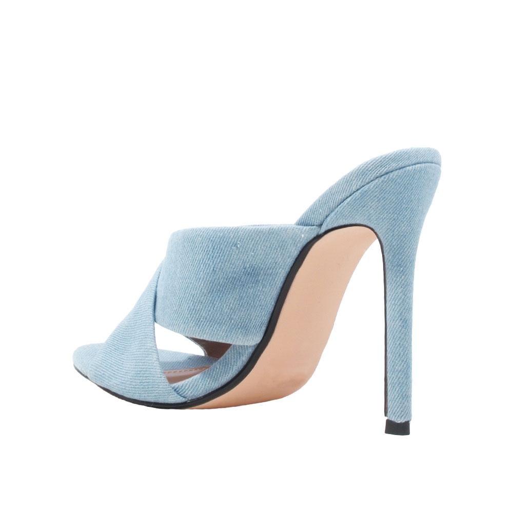 Light blue colored slip-on women heels-posterior view