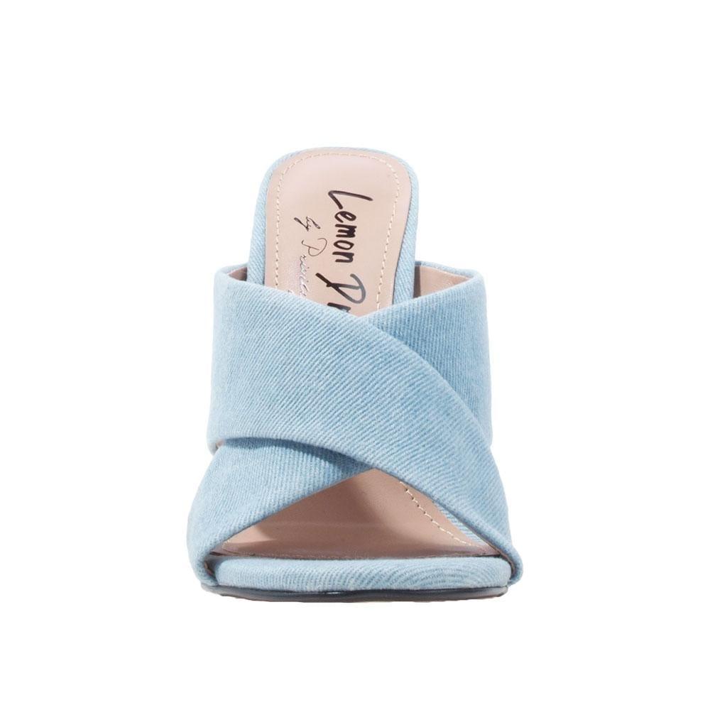 Light blue colored slip-on women heels-front view