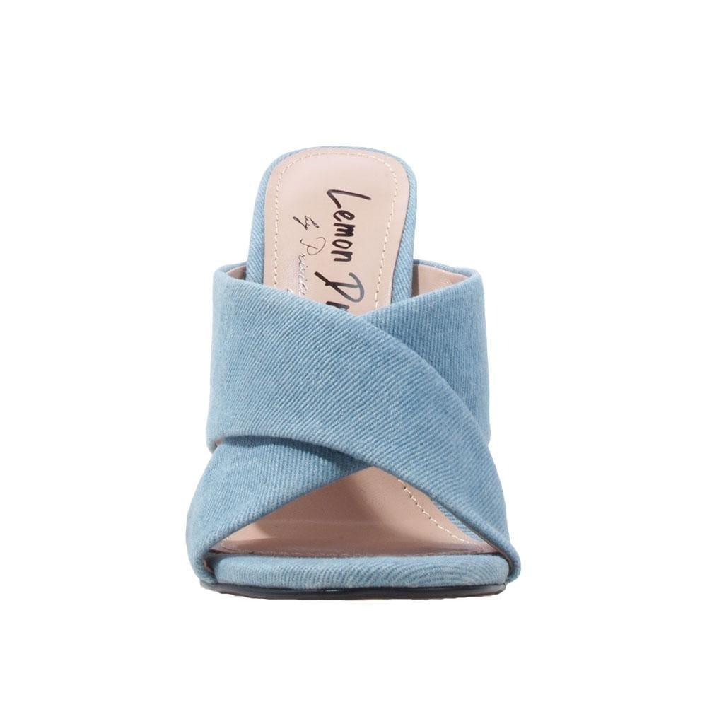 Denim colored slip-on women heels-front view