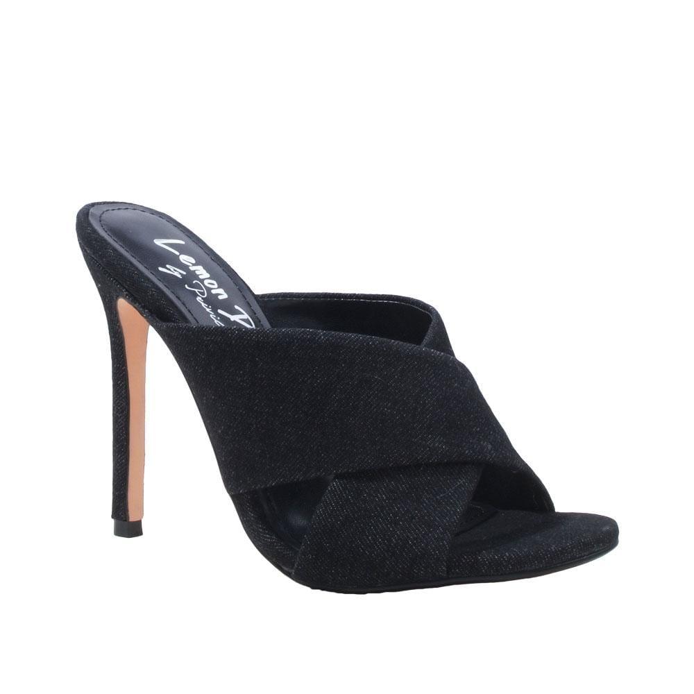 Black colored slip-on women heels-corner view