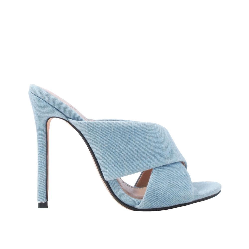 Light blue colored slip-on women heels-side view