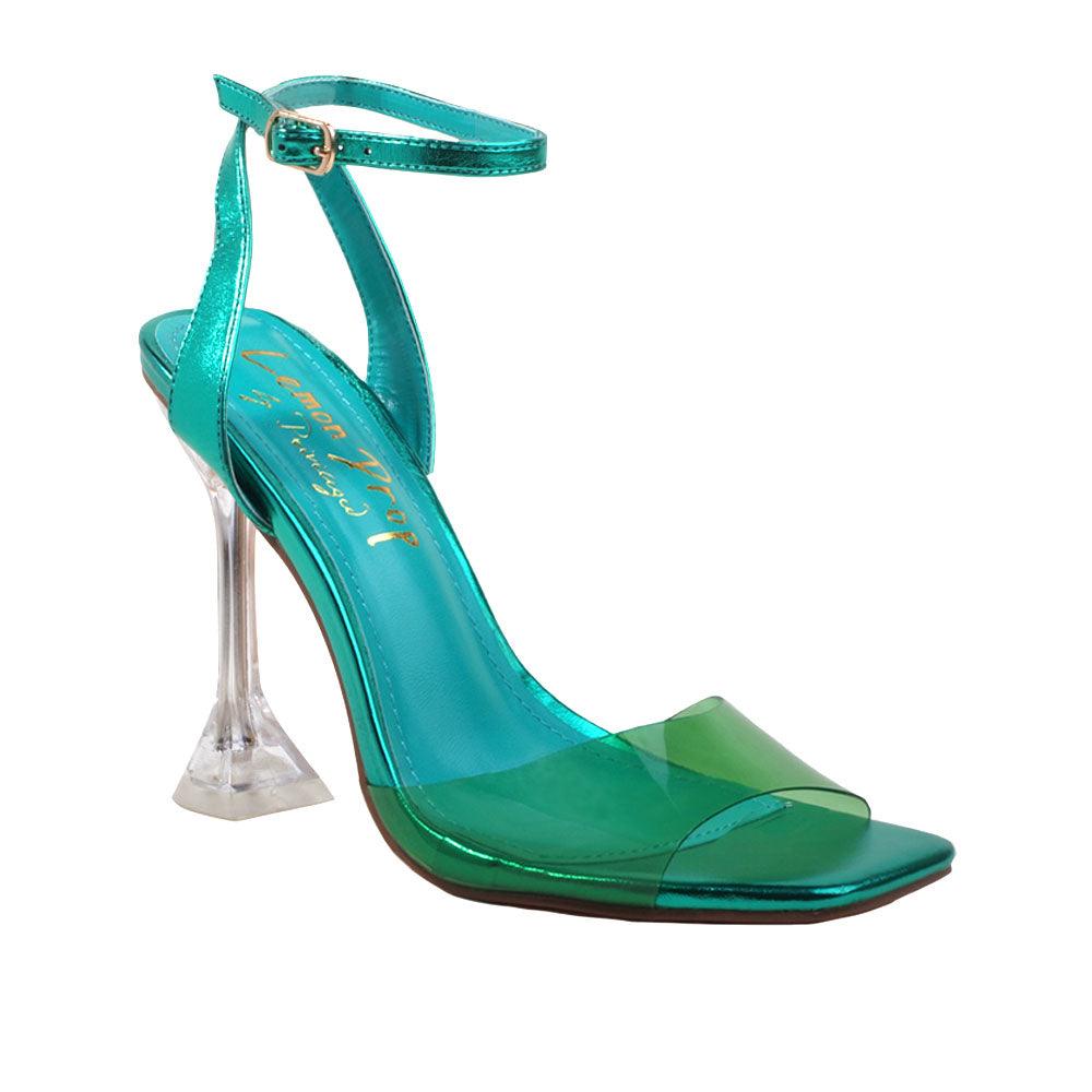 Green women heels with vinyl upper and transparent heel-corner view