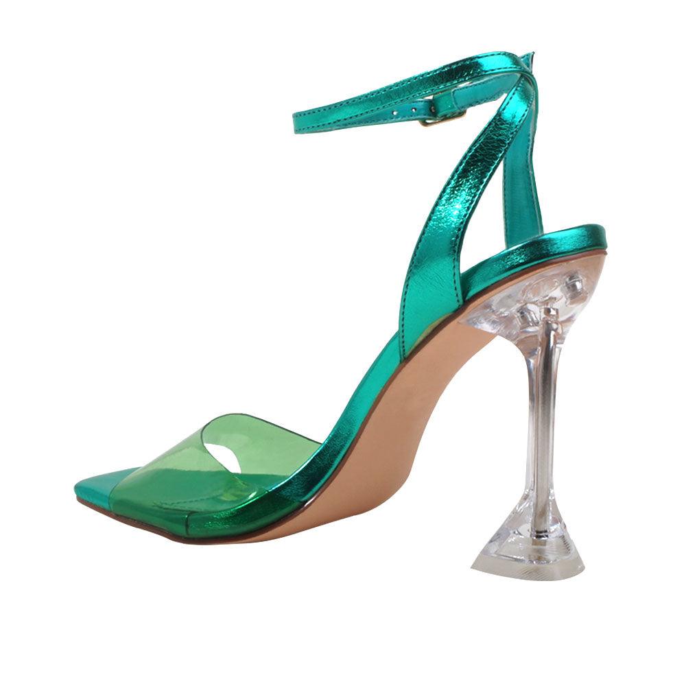 Green women heels with vinyl upper and transparent heel-posterior view