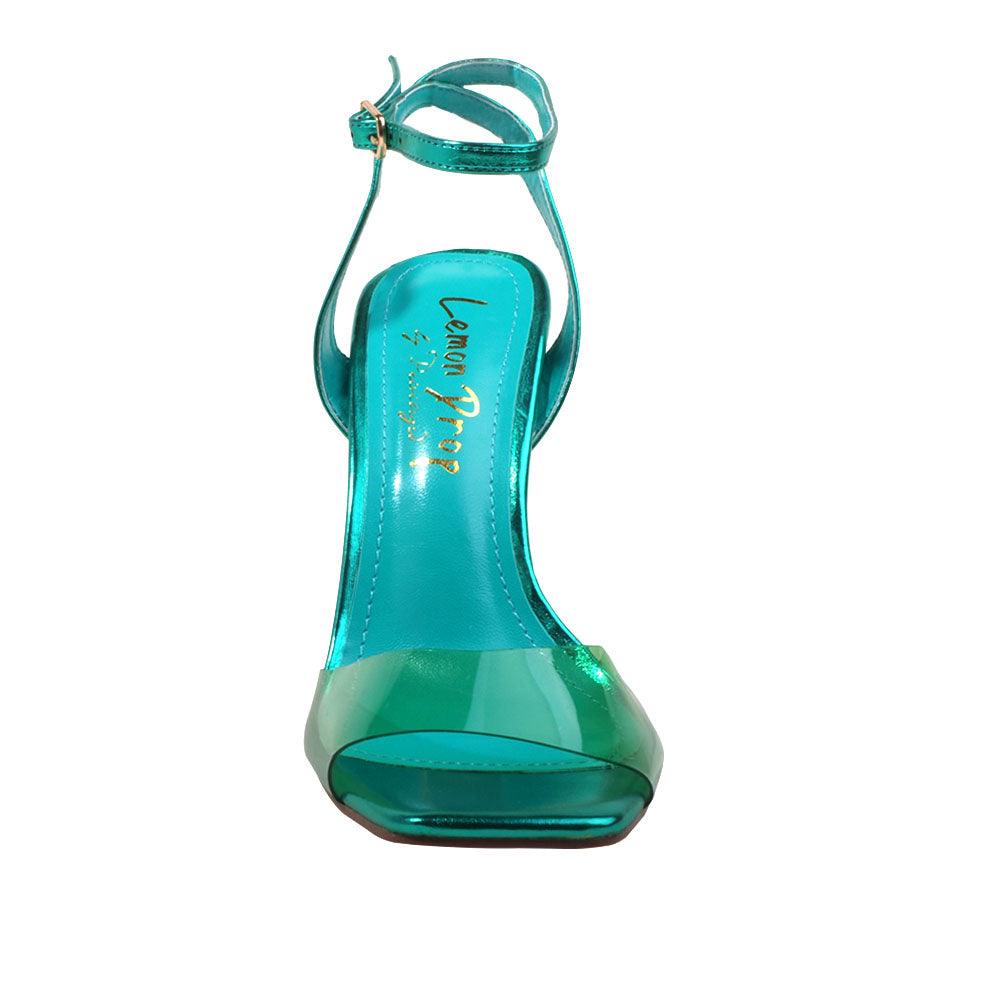 Green women heels with vinyl upper and transparent heel-front view