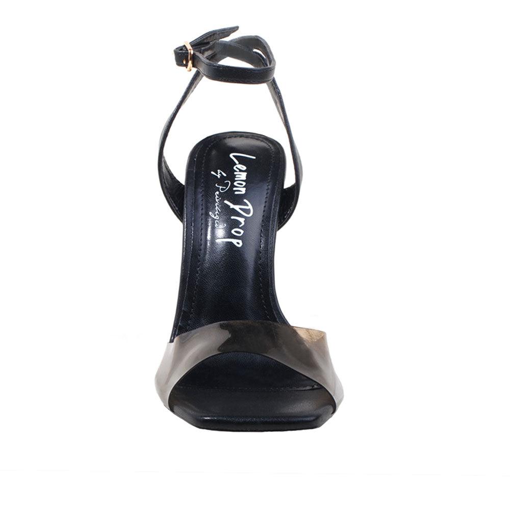 Black women heels with vinyl upper and transparent heel-front view