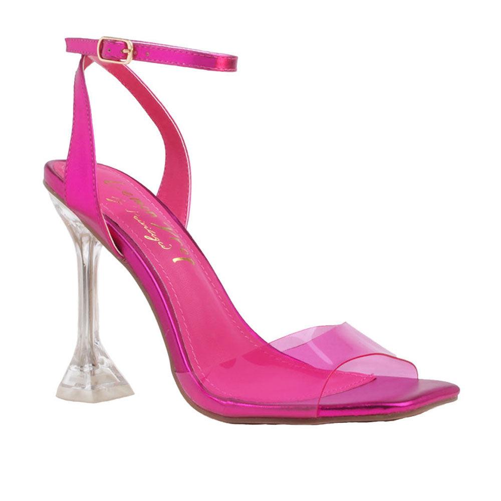 Pink women heels with vinyl upper and transparent heel-corner view