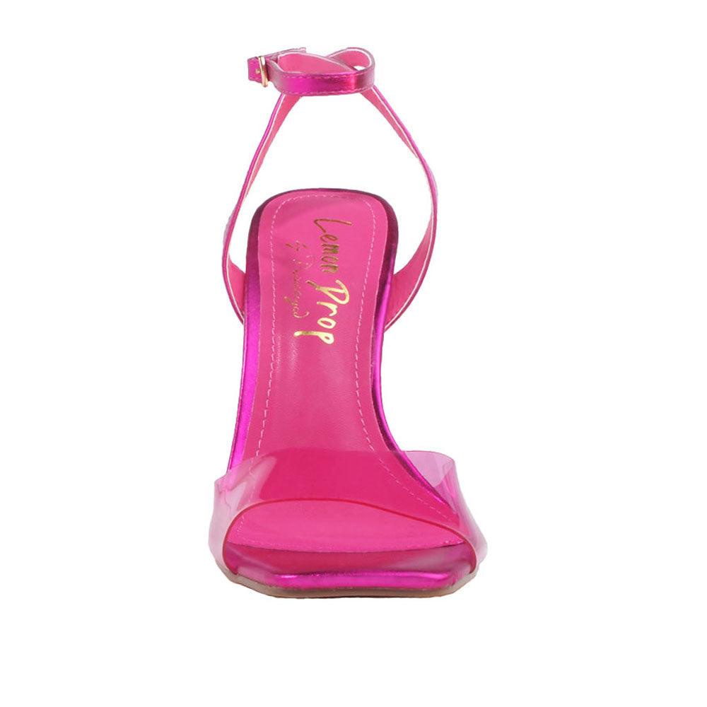 Pink women heels with vinyl upper and transparent heel-front view