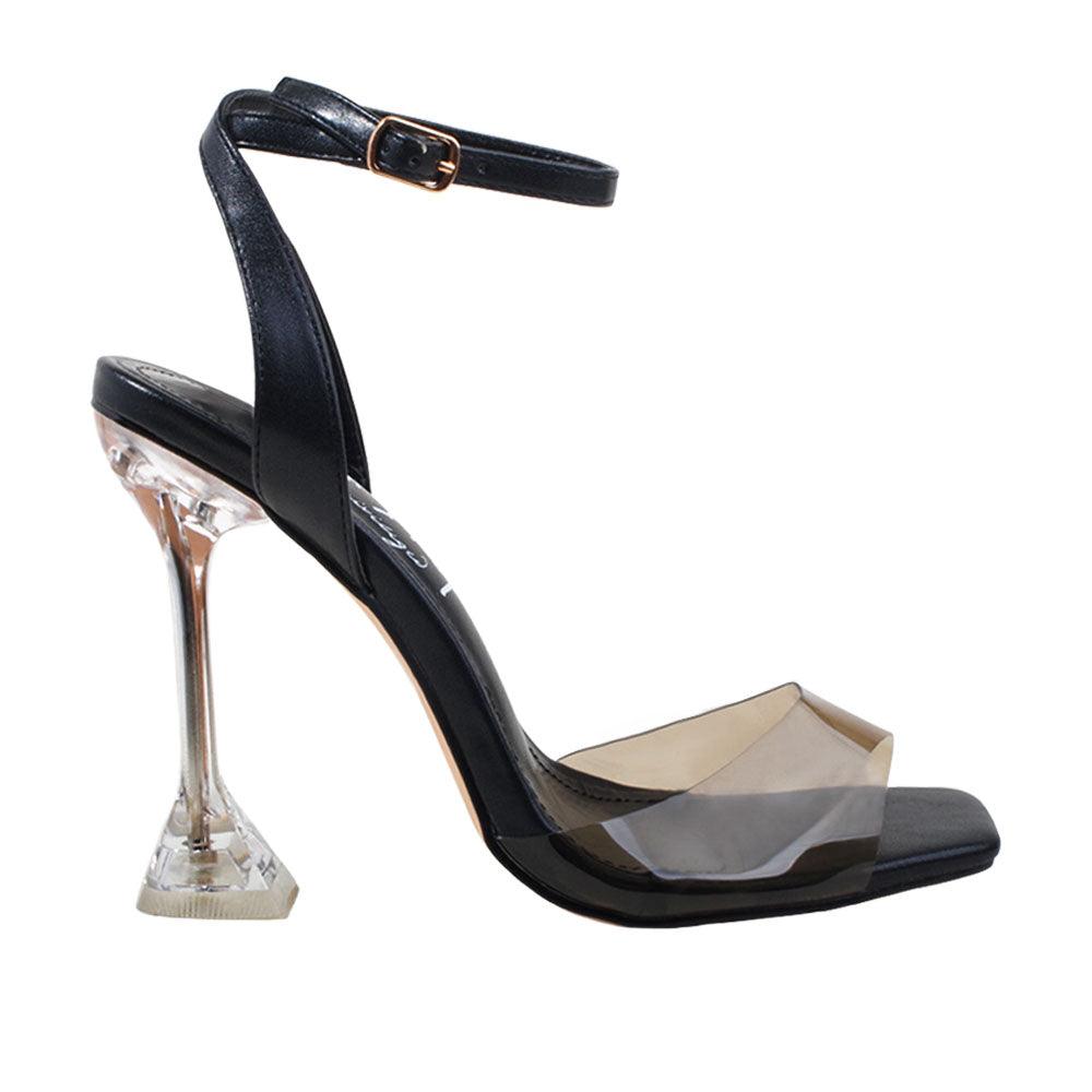 Black women heels with vinyl upper and transparent heel-side view