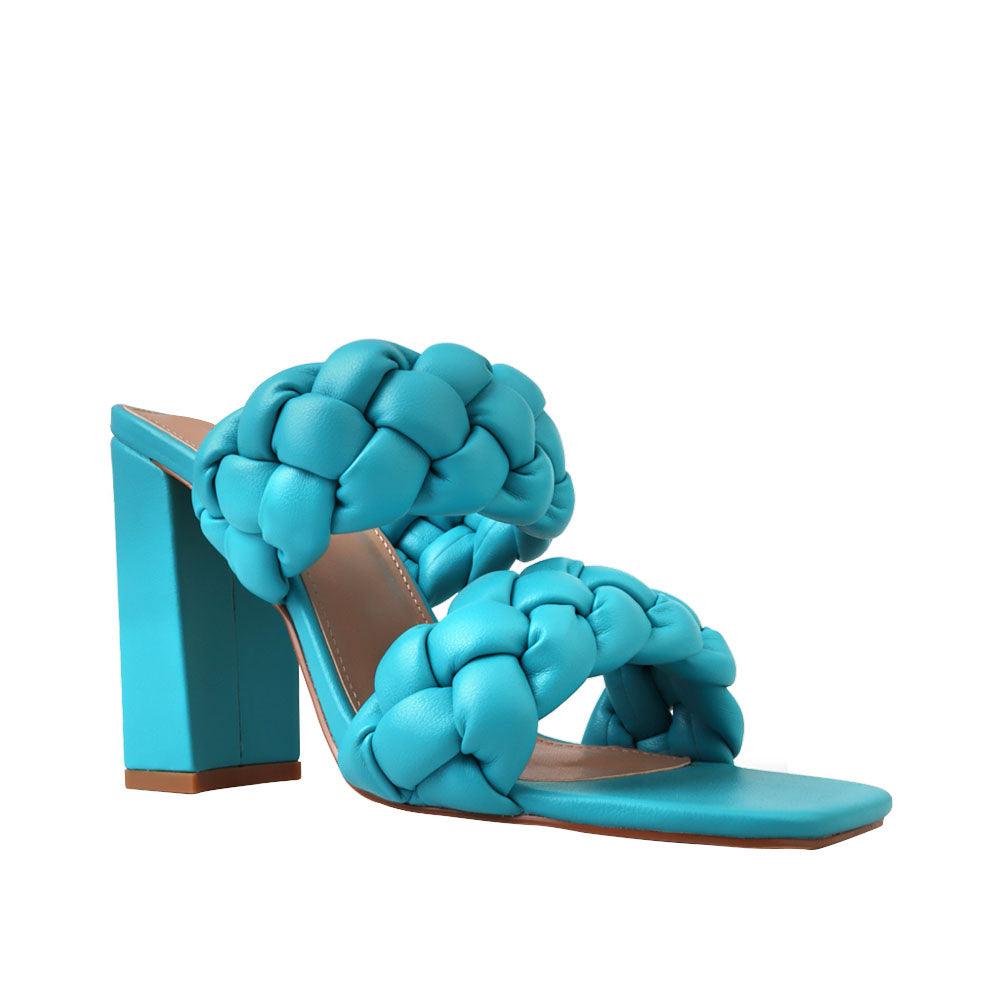 Turquoise women heels with twisted upper and block heel-corner view