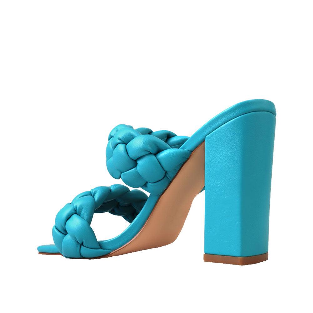 Turquoise women heels with twisted upper and block heel-posterior view