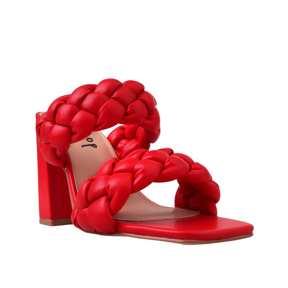 Red women heels with twisted upper and block heel-corner view