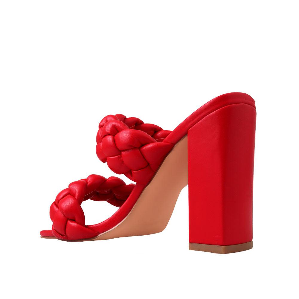 Red women heels with twisted upper and block heel-posterior view