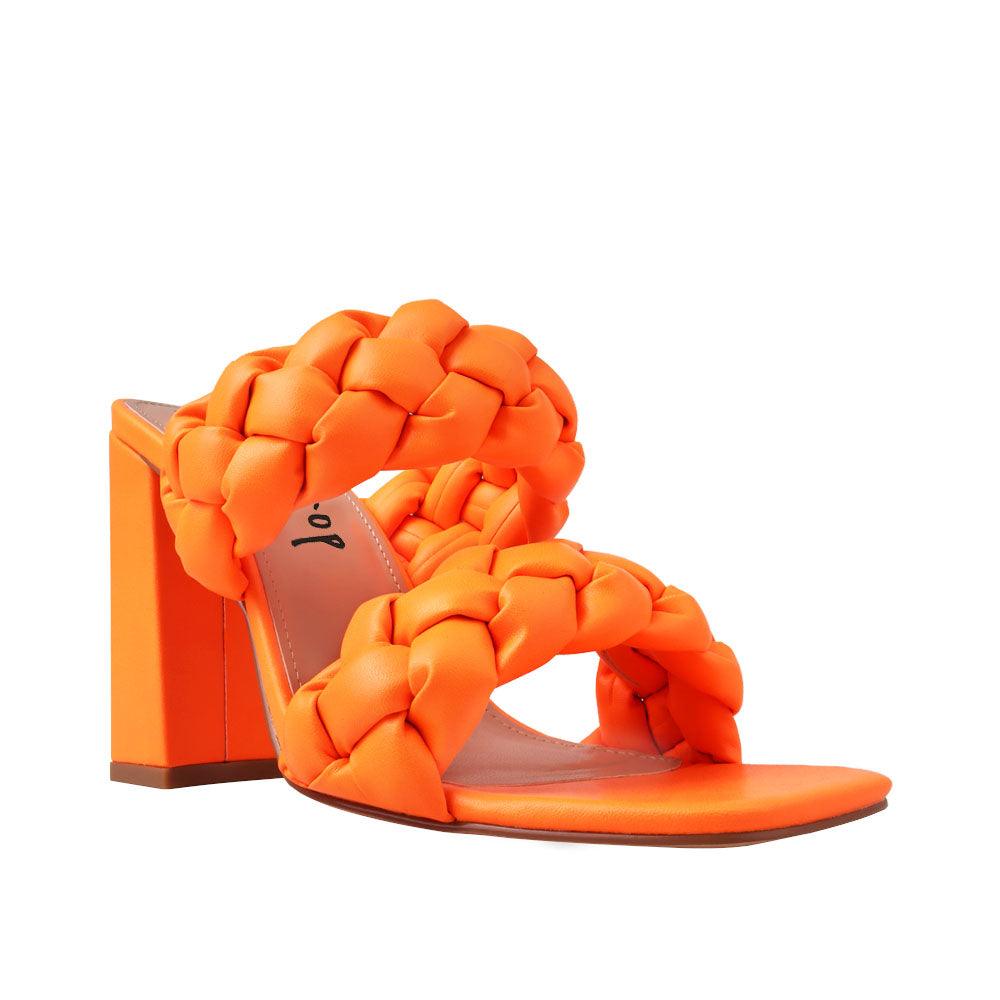 Orange women heels with twisted upper and block heel-corner view