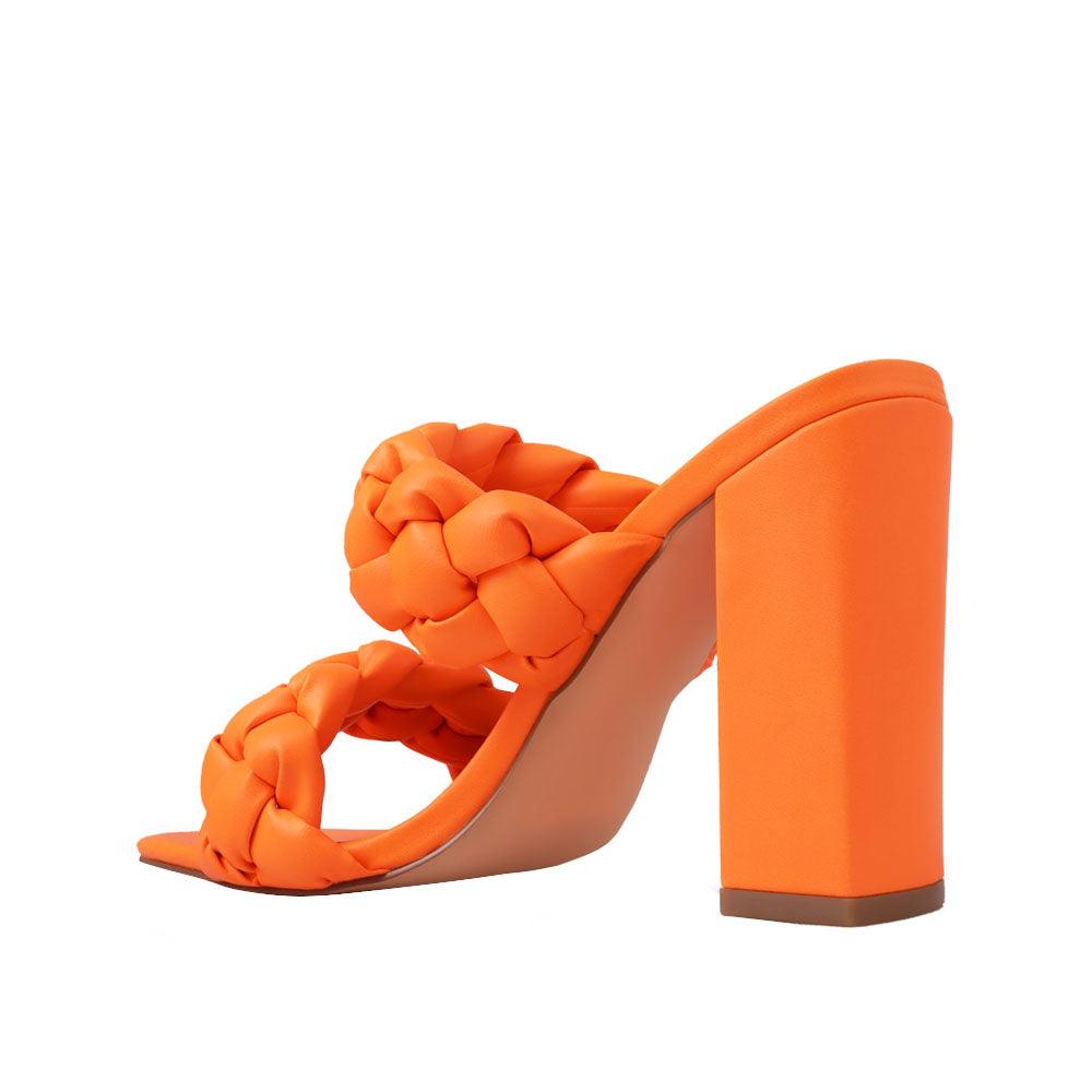 Orange women heels with twisted upper and block heel-posterior view