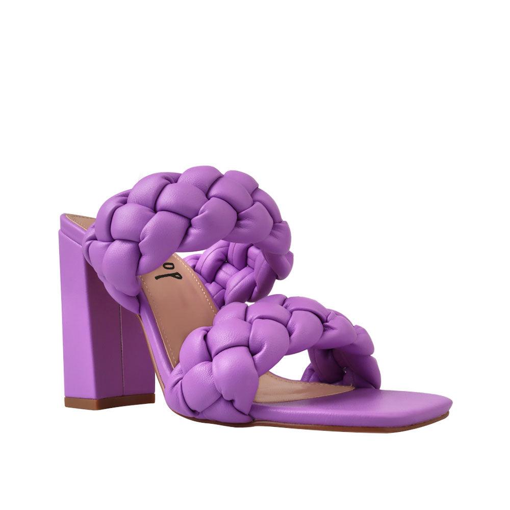 Purple women heels with twisted upper and block heel-corner view