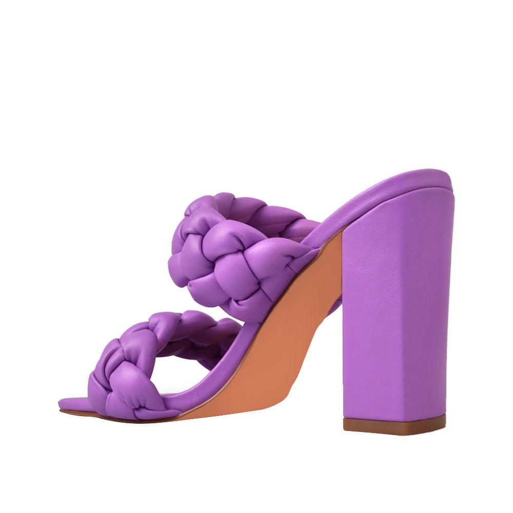 Purple women heels with twisted upper and block heel-posterior view