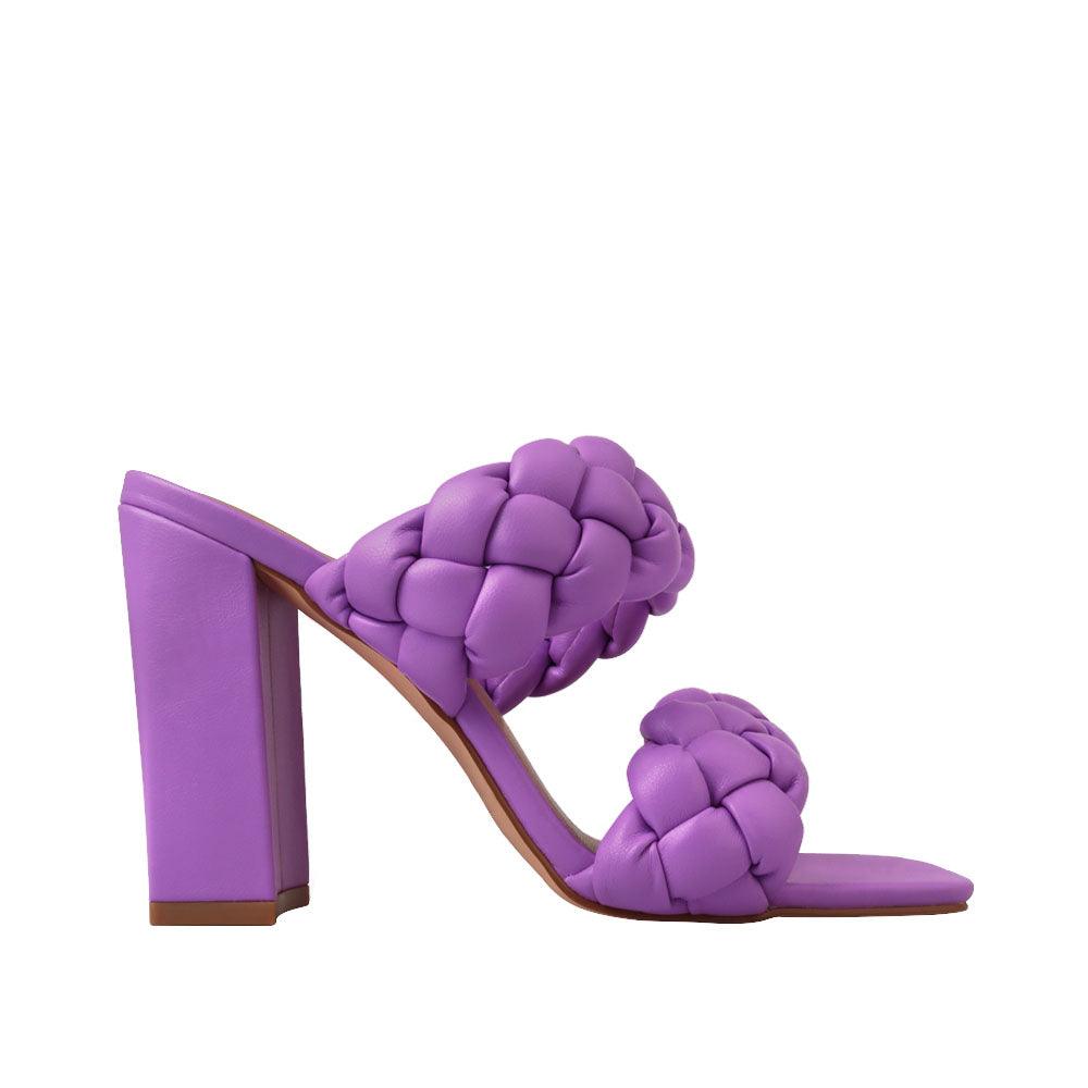 Purple women heels with twisted upper and block heel-side view