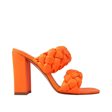 Orange women heels with twisted upper and block heel-side view