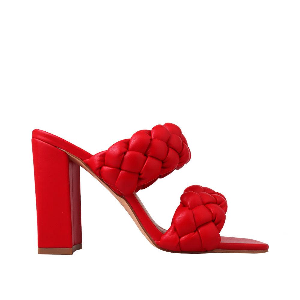 Red women heels with twisted upper and block heel-side view