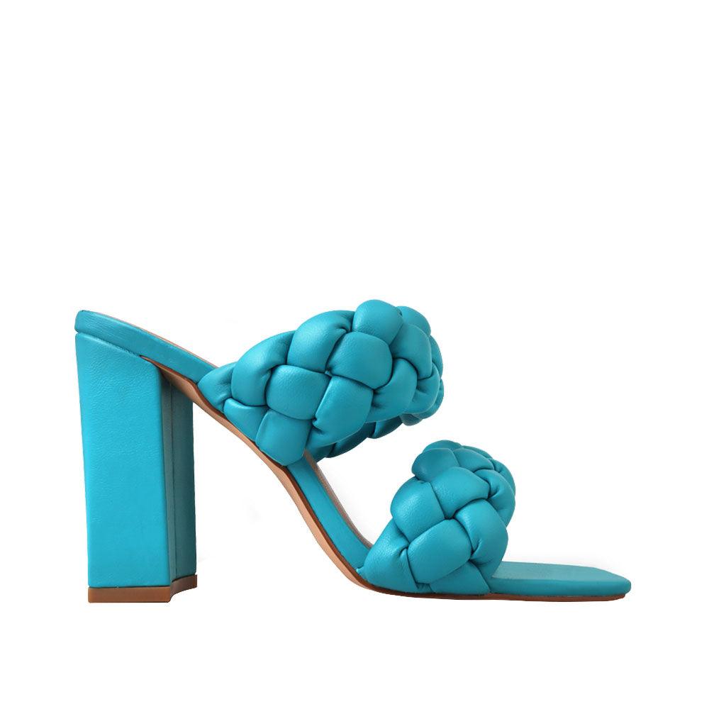 Turquoise women heels with twisted upper and block heel-side view