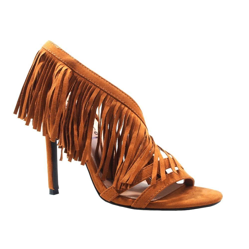 Brown colored women heels with same colored falls-corner view