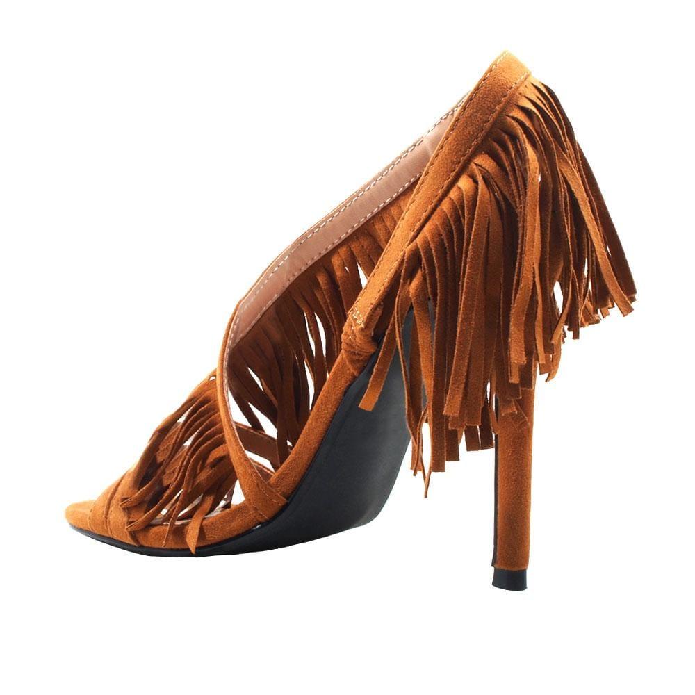 Brown colored women heels with same colored falls-posterior view