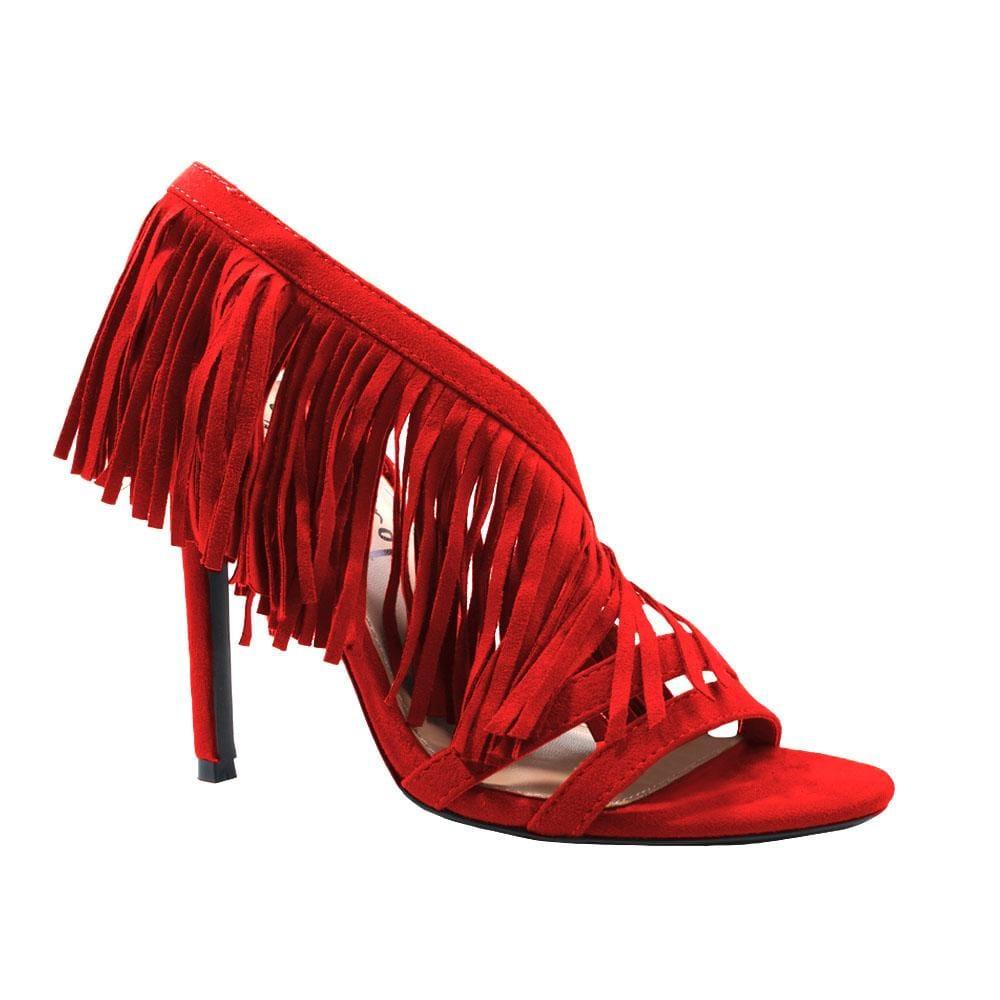 Red colored women heels with same colored falls-corner view