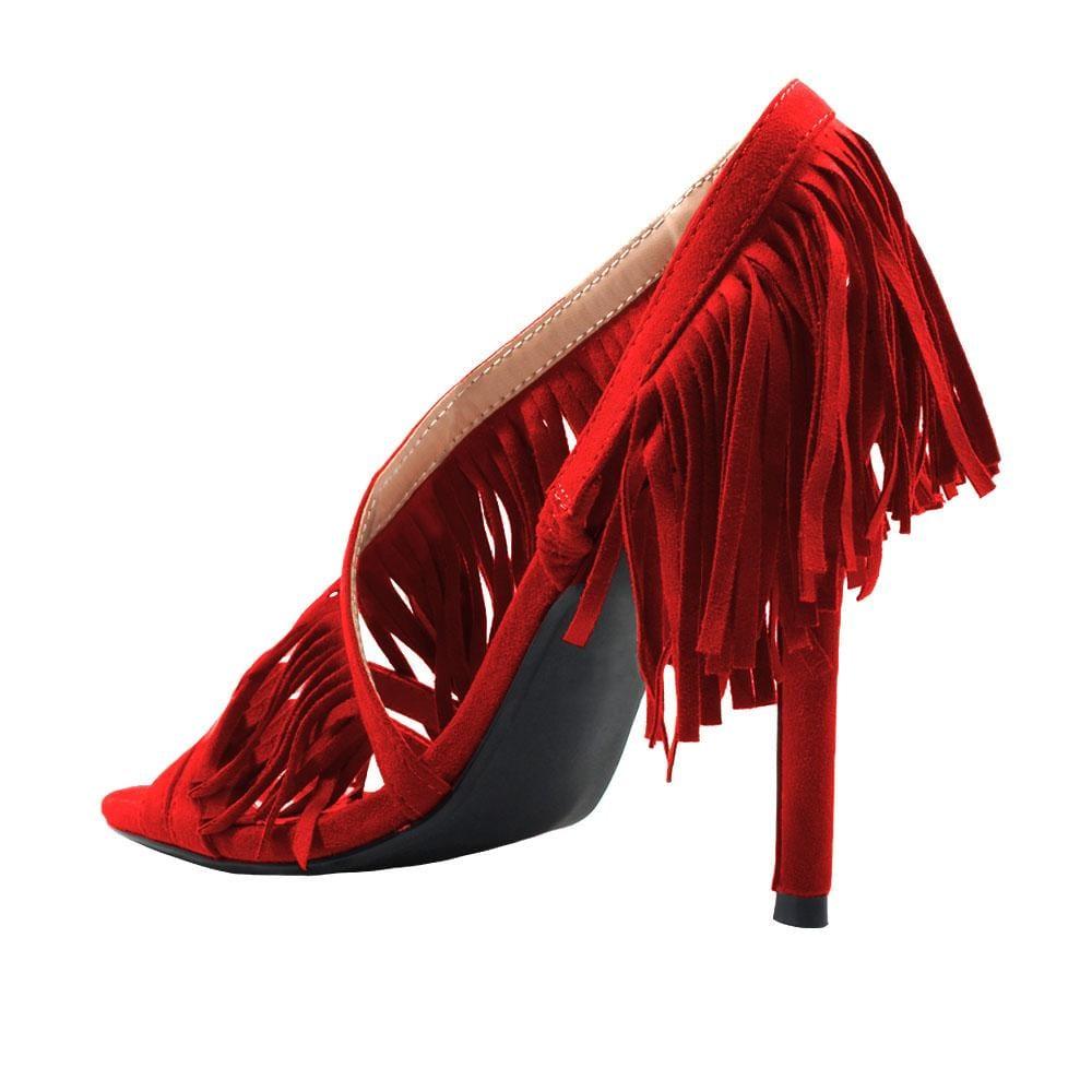 Red colored women heels with same colored falls-posterior view