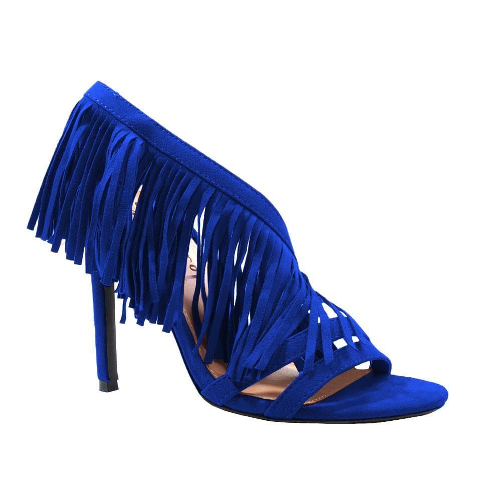 Blue colored women heels with same colored falls-corner view