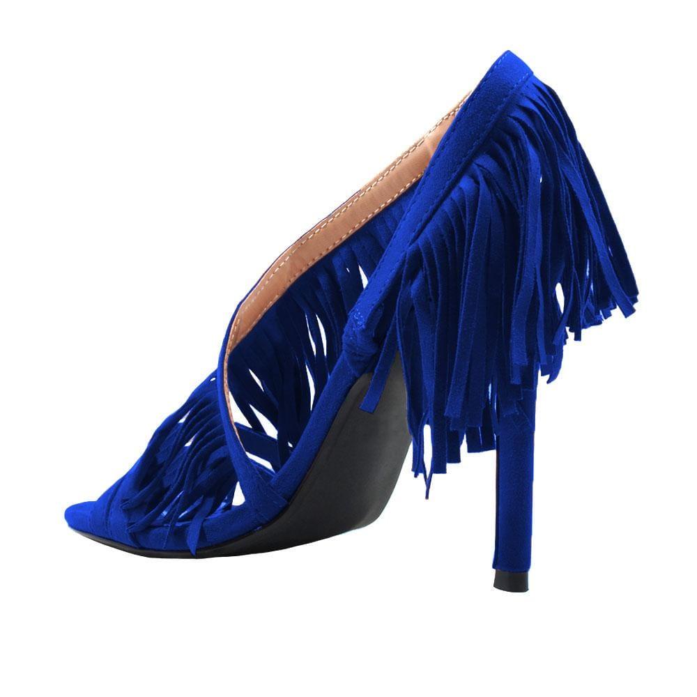 Blue colored women heels with same colored falls-posterior view