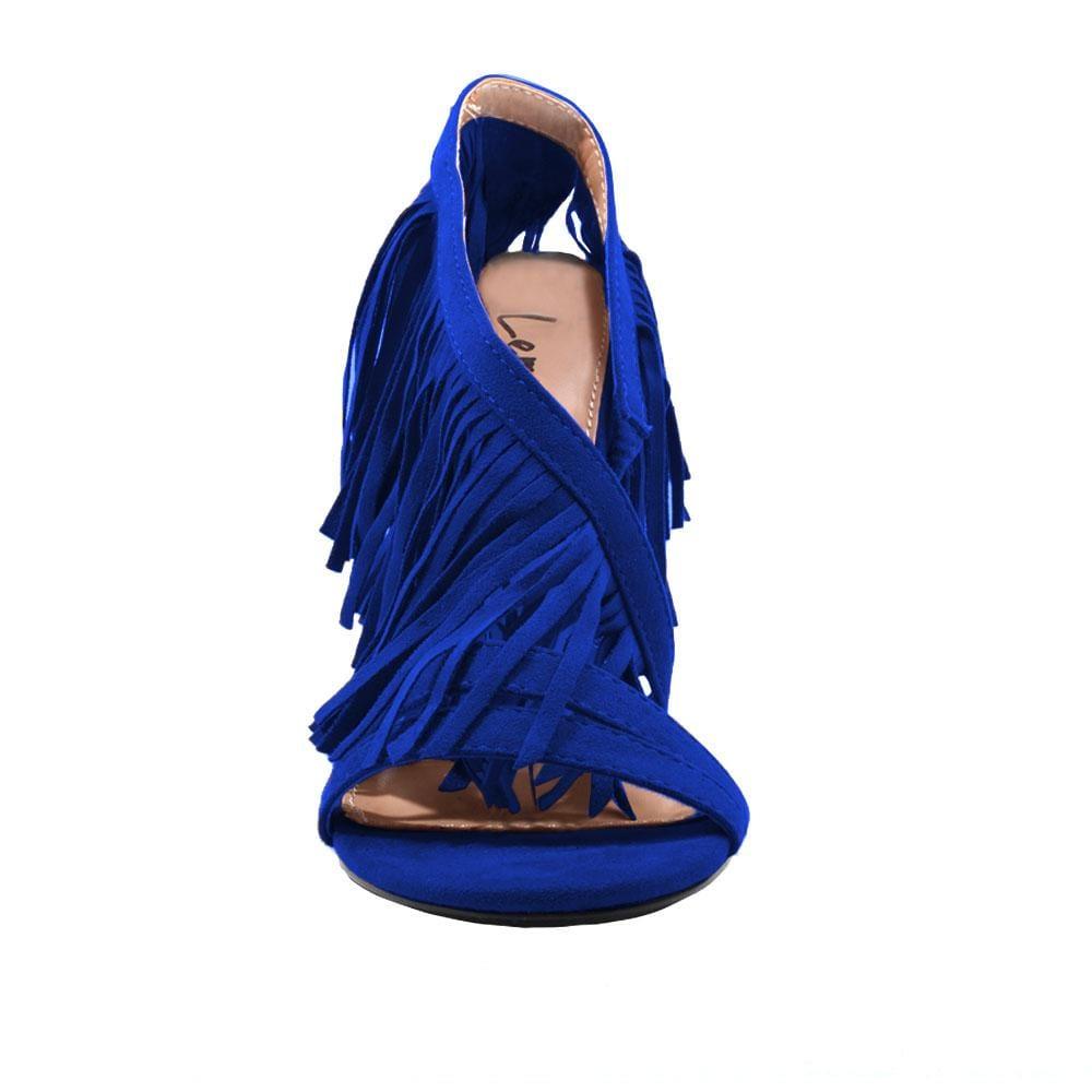 Blue colored women heels with same colored falls-front view