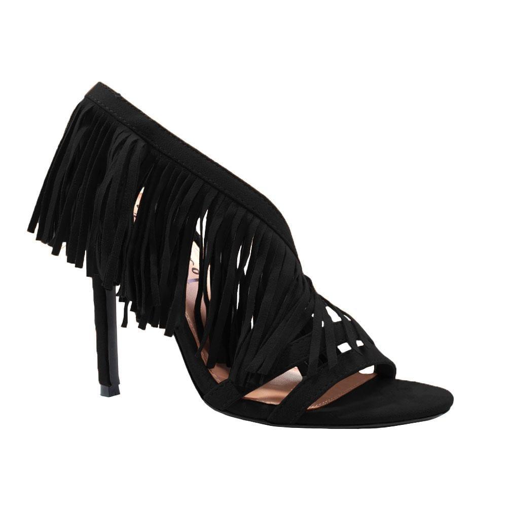 Black colored women heels with same colored falls-corner view