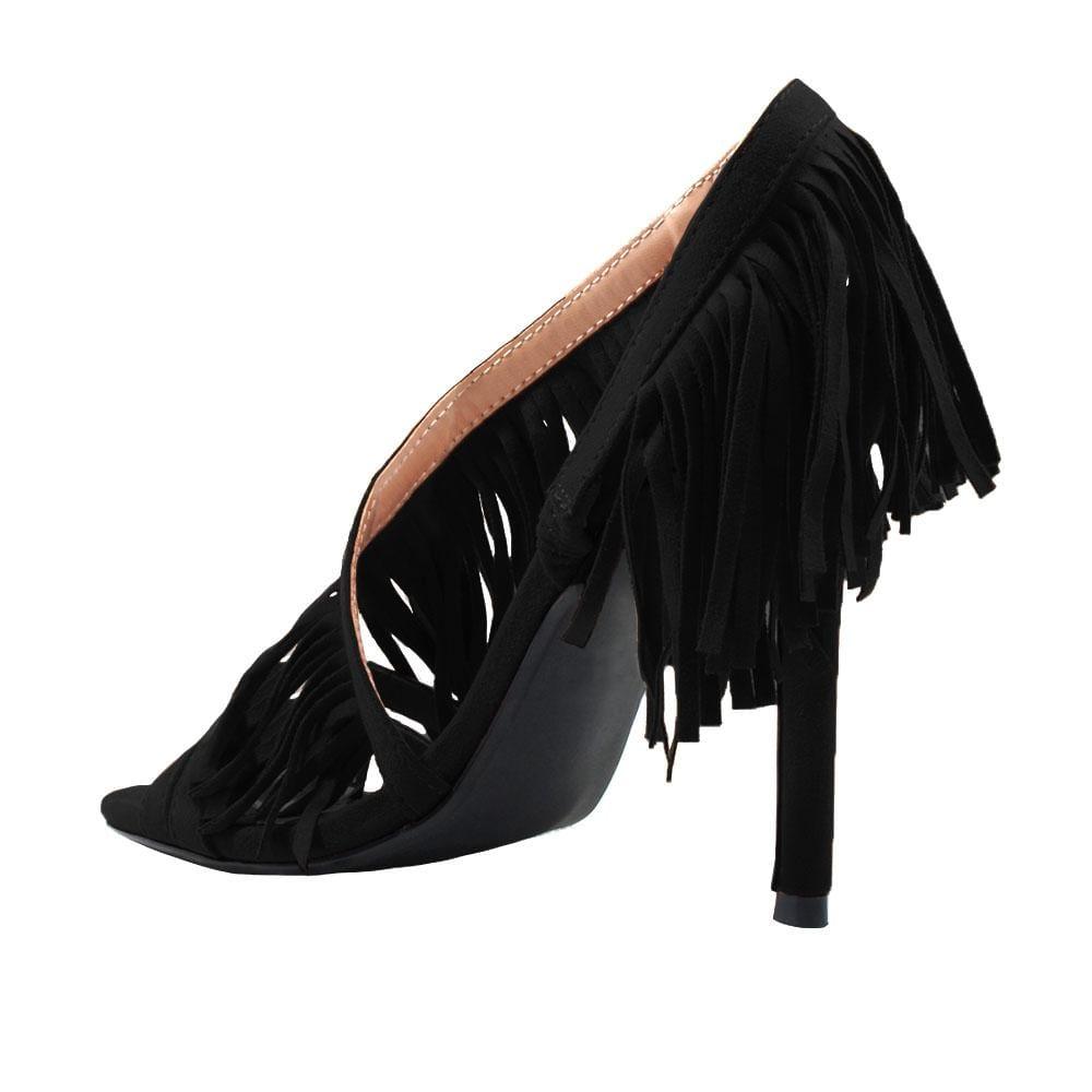 Black colored women heels with same colored falls-posterior view