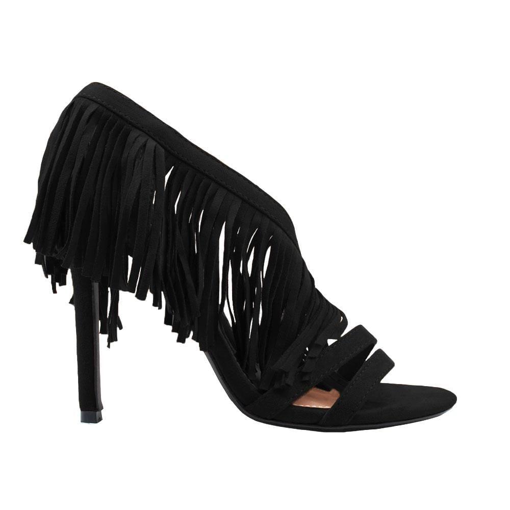 Black colored women heels with same colored falls-side view